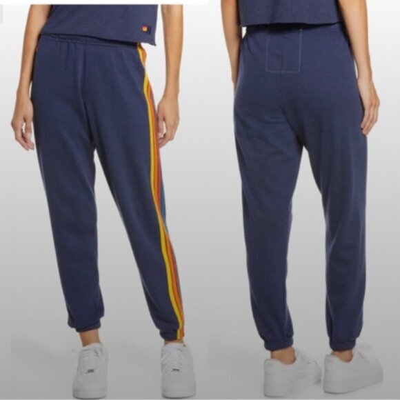 Aviator Nation Joggers 5 Stripe Rainbow Sweatpants in Navy Blue - Picture 1 of 9